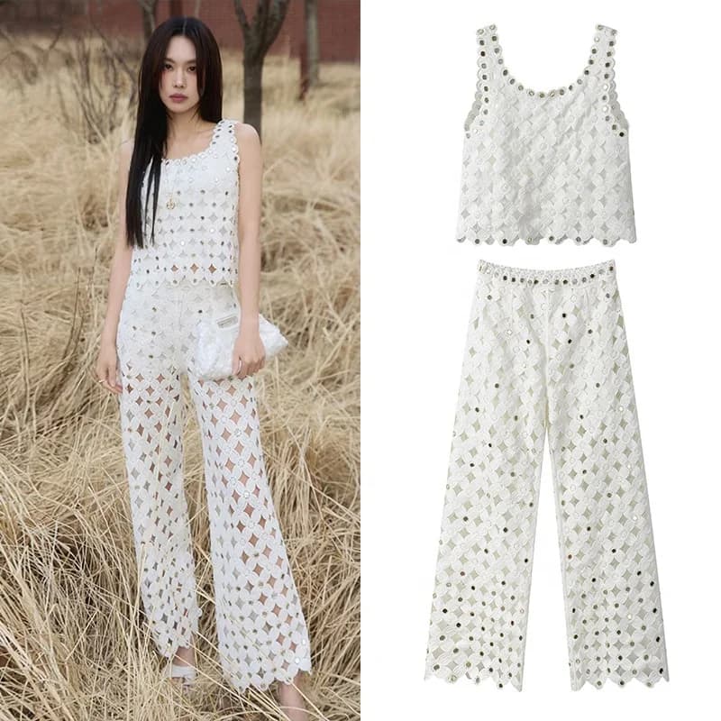 OUDINA Elegante Vintage Gehaakte Tweedelige Set - Top & Broek met Wijde Pijpen
