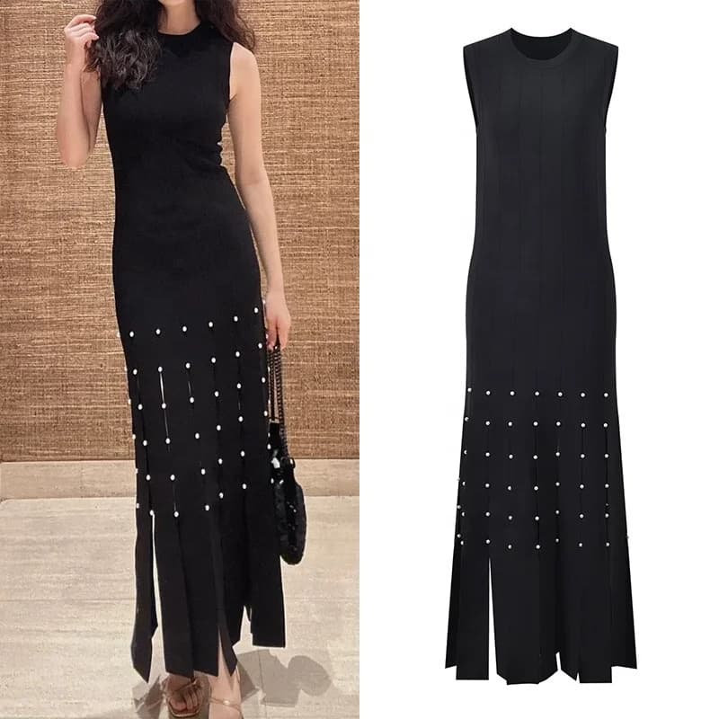 OUDINA Luxe Casual Kwastjes-Parel Mouwloze Bodycon Jurk