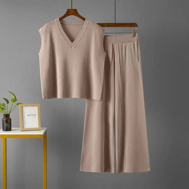 OEM/ODM Dames Casual Tweedelige Gebreide Set - V-hals Mouwloze Top & Broek met Wijde Pijpen